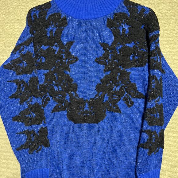1990s Vintage Ellen D Kollection Women's Sweater Large Med Blue Lurex Mock Lg - Picture 1 of 12